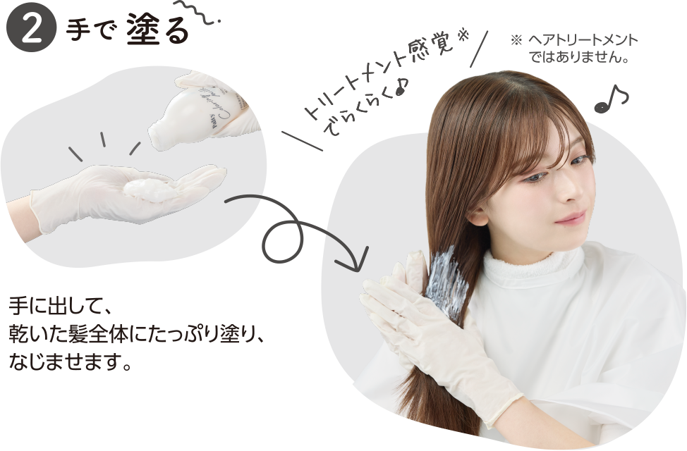 手に出して、乾いた髪全体にたっぷり塗り、なじませます。